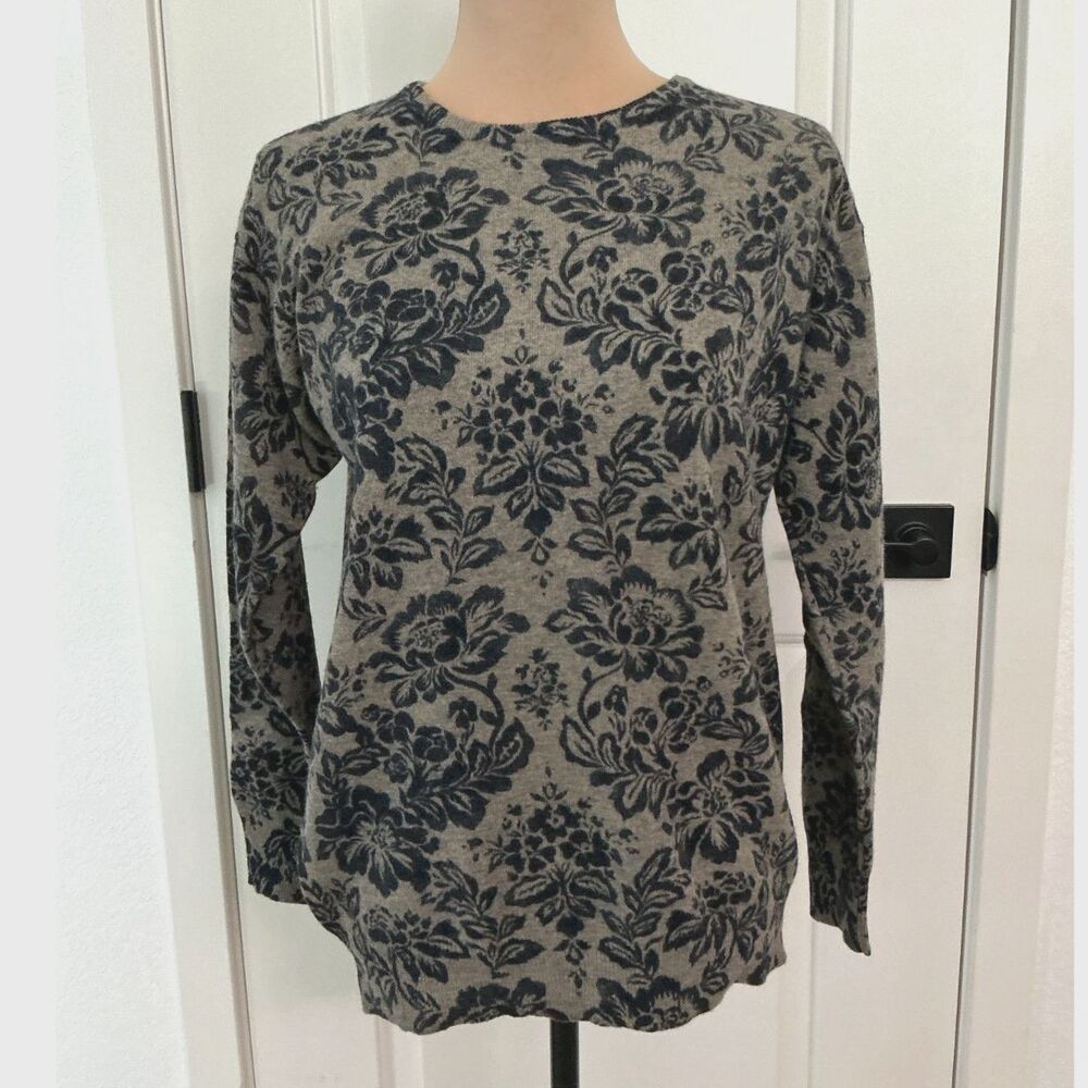 Jones New York Women’s 2X Lambswool Angora Floral Sweater Gray Black